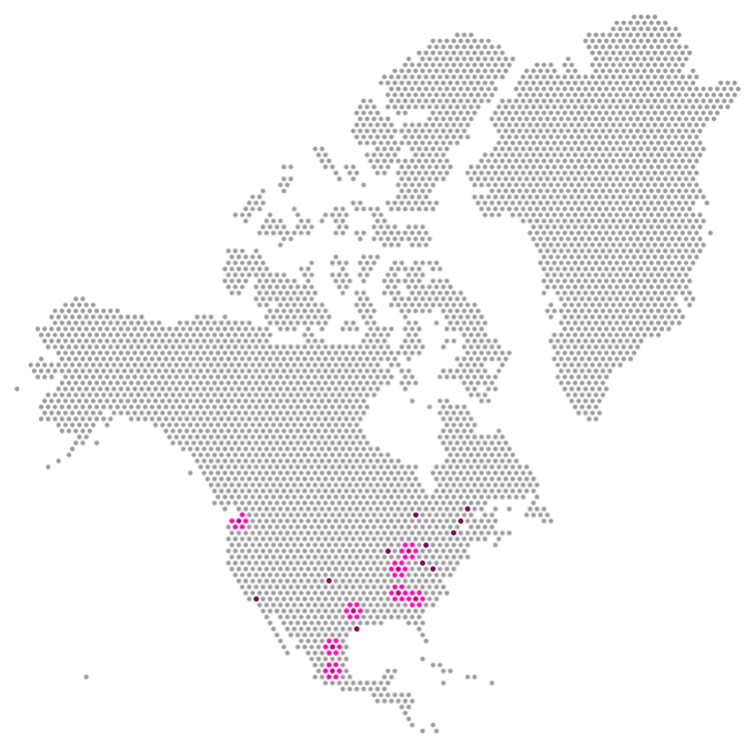Map showing Fives DyAG service locations across North America