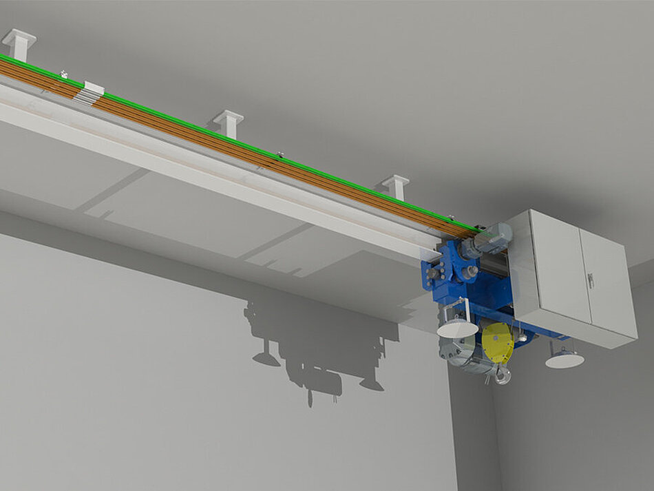 Rendu 3D d’un rail de pont roulant et d’un système de chariot motorisé installés à l’intérieur d’une installation industrielle.