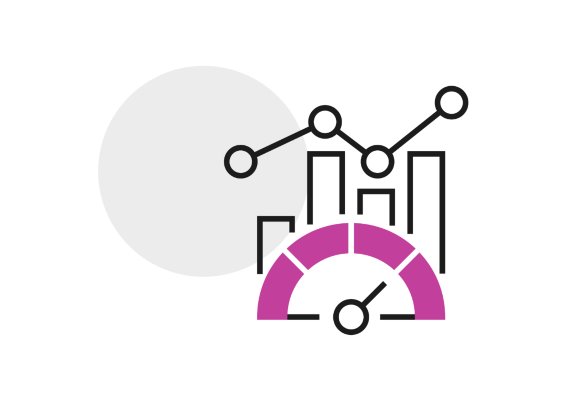 Icône représentant un tableau de bord analytique avec graphique à barres, points de données connectés et jauge de performance pourpre.