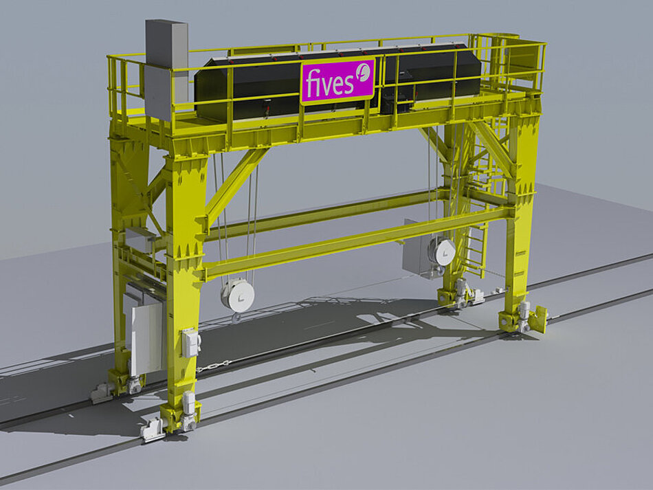 Rendu 3D d’un système de portique roulant jaune conçu pour les opérations de levage industriel et de manutention de matériaux.