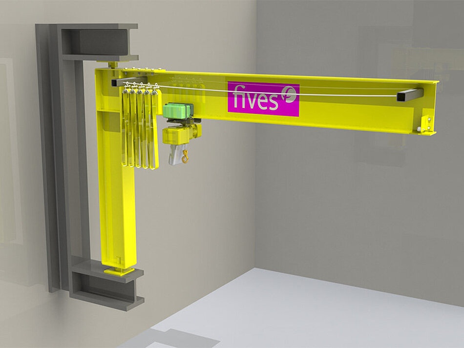 Rendu 3D d’une potence murale jaune utilisée pour le levage industriel et la manutention de matériaux.