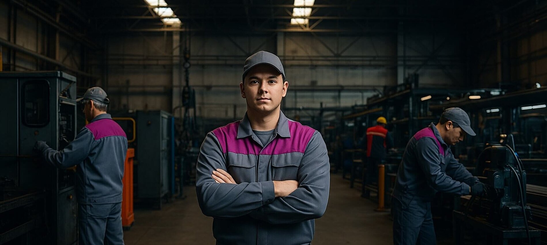 3 employés Fives sur fond industriel en train de travailler