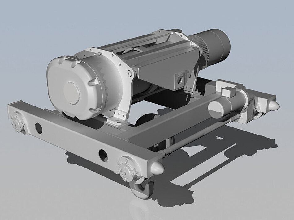 Rendu 3D d’un assemblage de palan et de moteur industriel utilisé dans un système de pont roulant.